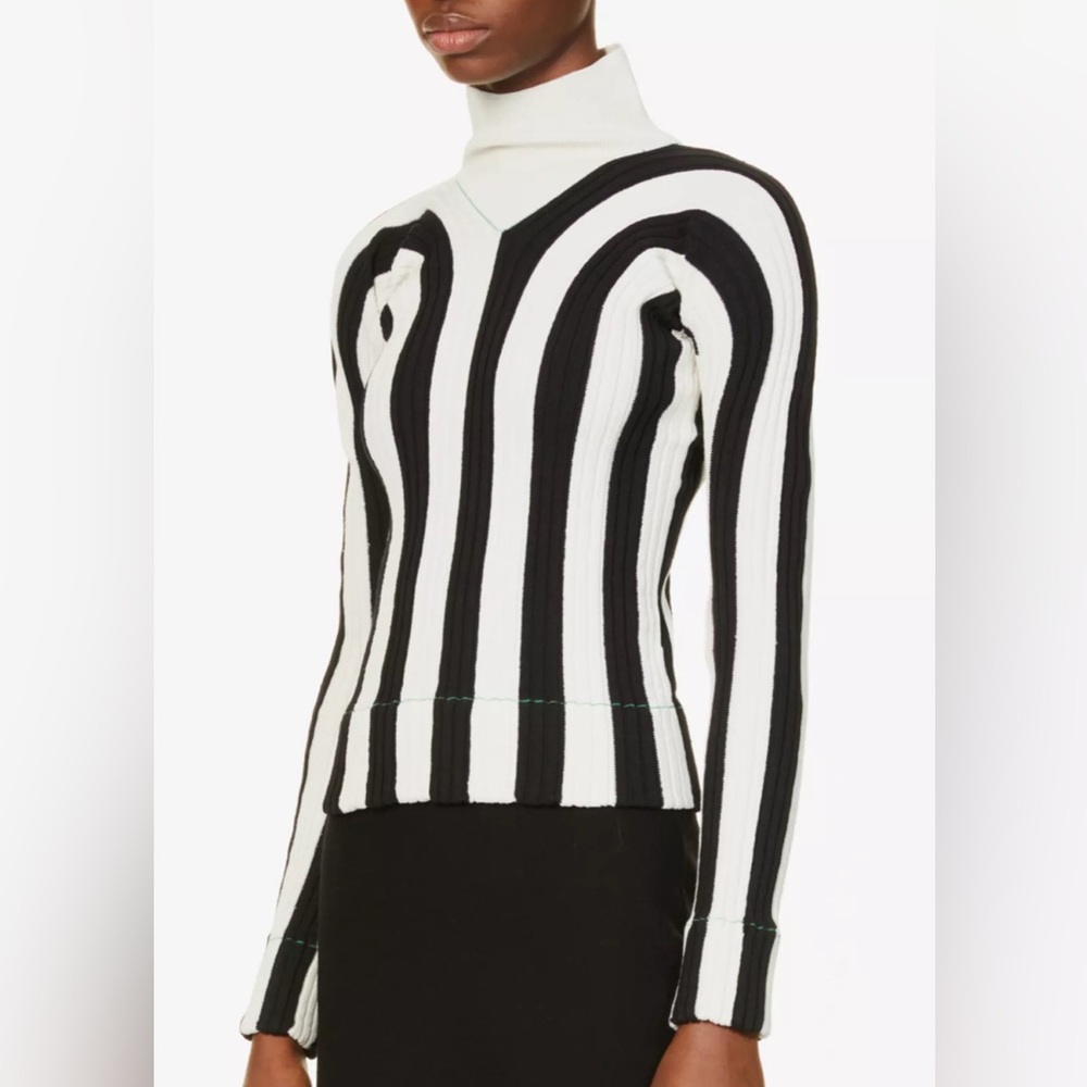 Striped High-Neck Contrast-Stitch Linen Sweater